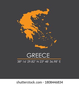 Greece map vector with coordinate isolated in dark gray background