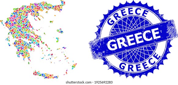 Greece map vector image. Splash collage map and scratched stamp for Greece. Sharp rosette blue badge with tag for Greece map. Collage vector Greece map formed with randomized colorful blots.