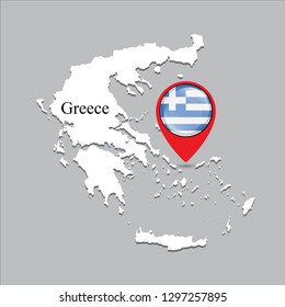 Greece map with white shadow and country name on the map. Check-in point with a national flag on a gray background.