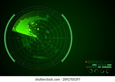 Greece Map - World Map International vector template with futuristic circle radar style HUD, GUI, UI interface isolated on dark green background - Vector illustration eps 10