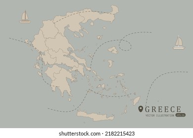 Greece Map - World Map International vector template High detailed with brown color isolated on grey background including simple point of location, wind, boat icon - Vector illustration eps 10