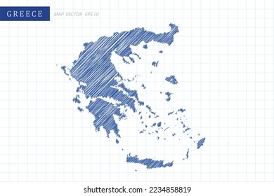 Greece Map - World Map International vector template with blue outline graphic and pen drawing sketch style isolated on white grid background for design, website - Vector illustration eps 10