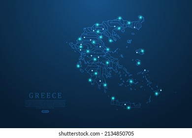 Mapa de Grecia - Modelo de vector de mapa mundial con tarjeta de circuitos abstracto futurista Ilustración o línea de mezcla de tecnología de alta tecnología y escalas de puntos sobre fondo oscuro - Ilustración vectorial ep 10