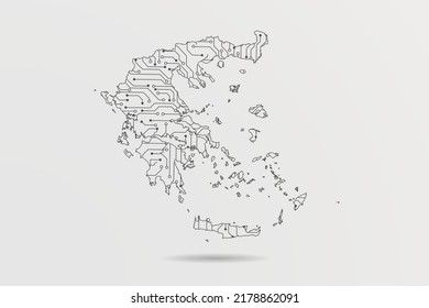 Mapa de Grecia - Modelo de vector de mapa mundial con tarjeta de circuitos abstracto futurista Ilustración o línea de mezcla de tecnología de alta tecnología y escalas de puntos sobre fondo blanco - Ilustración de vectores ep 10