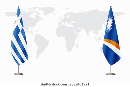 Greece and Marshall Islands flags for official meeting against background of world map.