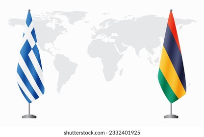 Greece and Mauritius flags for official meeting against background of world map.