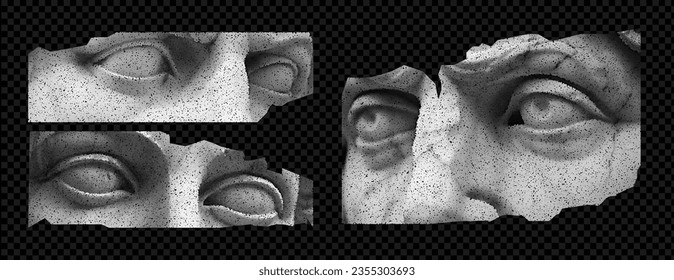 Greece modern face  banner. Broken pieces of statues eyes. Engraved texture. Vintage element.  Template design. Vector illustration. Halftone effect for collage.