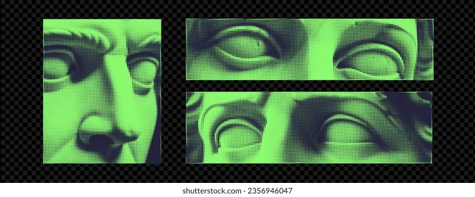 Greece modern face  banner. Broken pieces of statues eyes. Halftone,texture. Vintage element.  Template design. Vector illustration. Halftone effect for collage.