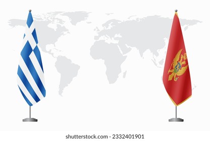 Greece and Montenegro flags for official meeting against background of world map.