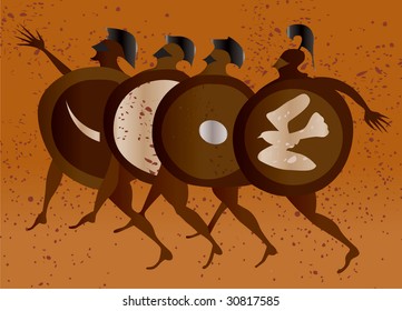 Greece mural painting,  Greek Soldiers. Editable vector image