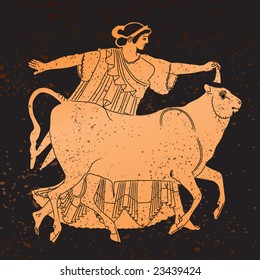 Greece Mural Painting,  Woman And Bull. Editable Vector Image