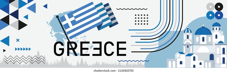 Banner del día nacional de Grecia con el fondo del tema de los colores de la bandera griega y diseño geométrico abstracto retro azul moderno. Lugar emblemático de Atenas, Grecia, celebración del Día de la Independencia.