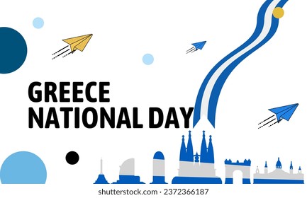 Cartel del Día Nacional de Grecia por el aniversario del Día de la Independencia. Bandera de grecia con diseño abstracto geométrico moderno retro. Los colores son azul y blanco.