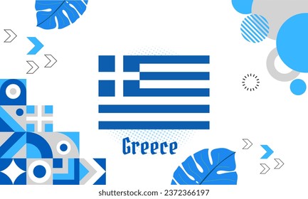 Cartel del Día Nacional de Grecia por el aniversario del Día de la Independencia. Bandera de grecia con diseño abstracto geométrico moderno retro. Los colores son azul y blanco.