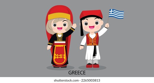 grecia vestida de traje nacional con una bandera. Hombre y mujer con traje tradicional. Viaje a Grecia. Gente.