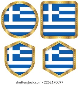 Colección de Banderas Nacionales de Grecia Conjunto de Circular, Cuadrado, Escudo, Hexagon Borde Oro Botón Icono Diseño Vector Aislado en Fondo Blanco