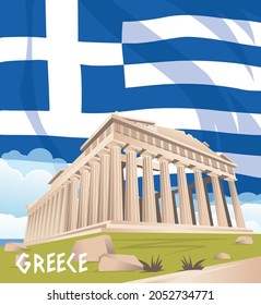 Greece national flag on the background of the Parthenon building in Athens.