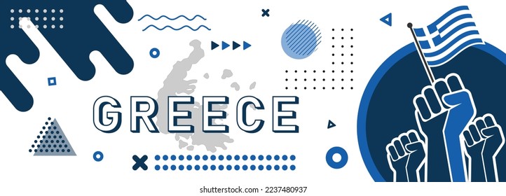 Cartel nacional de Grecia, Día de la Independencia y Día de Ohi con diseño abstracto. Puños elevados, mapa y fondo de formas geométricas en el tema de color Bandera.