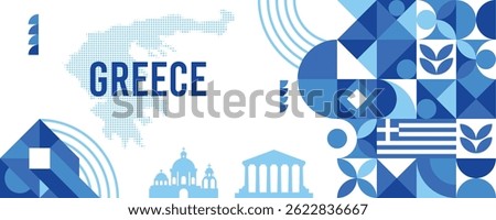 Greece national vector banner featuring the flag, dotted map, landmarks, and geometric pattern design