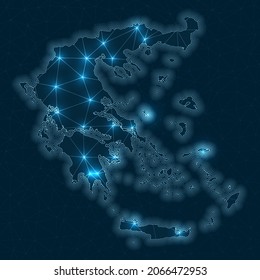 Mapa de la red de Grecia. Mapa geométrico abstracto del país. Conexiones digitales y diseño de telecomunicaciones. Red de Internet brillante. Increíble ilustración vectorial.
