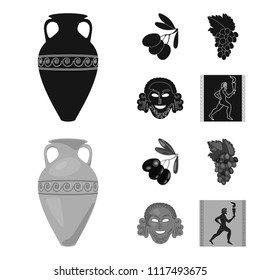Greece, olive, branch, vase .Greece set collection icons in black,monochrome style vector symbol stock illustration web.