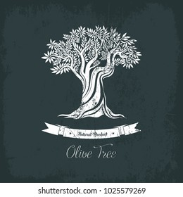 Greece olive tree logo with branches, vegetarian food. Banner or badge, oil sticker for bottle. May be used for vintage greek olive tree emblem, sign, liquid of ingredient