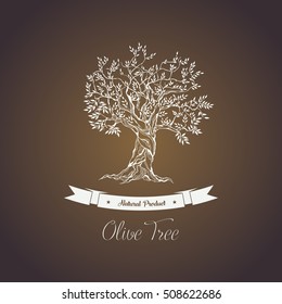 Greece olive tree logo with branches, vegetarian food. Plant grove banner or badge, sticker or label for bottle. Vintage greek olive tree emblem or sign, smear liquid ingredient or shop theme