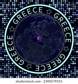 Greece on globe vector. Futuristic satelite view of the world centered to Greece. Geographical illustration with shape of country and squares background. Bright neon colors on dark background.