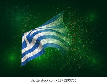 Greece, on vector 3d flag on green background with polygons and data numbers