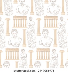 Greece. Outline drawing of the goddess Venus with Greek architecture. Seamless pattern for textile, wrapping paper, background.