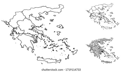 Greece outline map vector with administrative borders, regions, municipalities, departments in black white colors