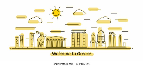 Greece panorama. Greece vector illustration in outline style with buildings and history architecture. Welcome to Greece.