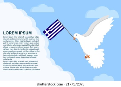 Concepto de paz de Grecia con área de texto, ave de la paloma de la paz con bandera de Grecia en su pico, paloma volando en las nubes, diseño de ilustración vectorial, plantilla del día de la paz de Grecia, idea de libertad