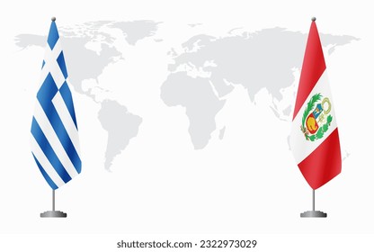 Greece and Peru flags for official meeting against background of world map.