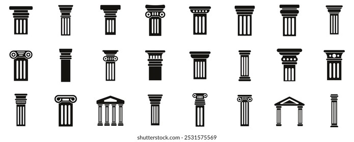 Greece pillar icons set. Set of architectural antique columns showing ancient greek style for building exterior and interior design