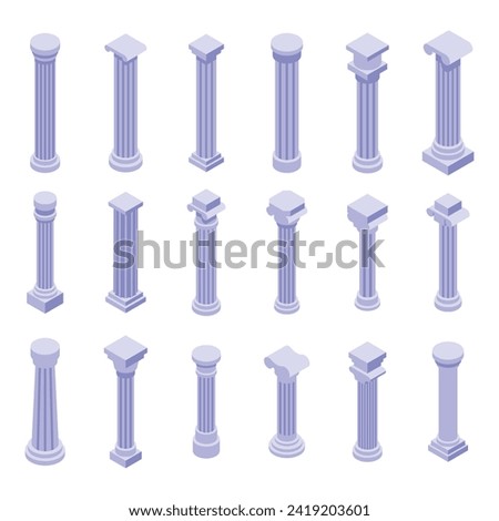 Greece pillar icons set isometric vector. Ancient column. Marble old history
