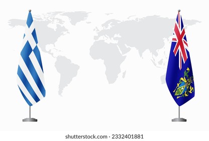 Greece and Pitcairn Islands flags for official meeting against background of world map.