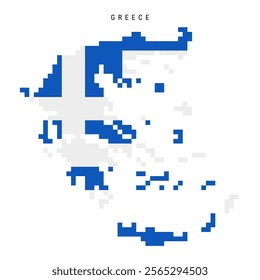 Greece pixel flag map icon. 8 bit pixel art Greek map covered with flag. Flat vector illustration isolated on white background.