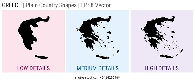 Greece - plain country shape. Low, medium and high detailed maps of Greece. EPS8 Vector illustration.