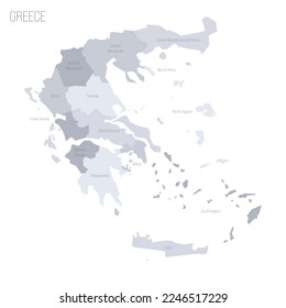 Greece political map of administrative divisions - decentralized administrations and autonomous monastic state of Mount Athos. Grey vector map with labels.