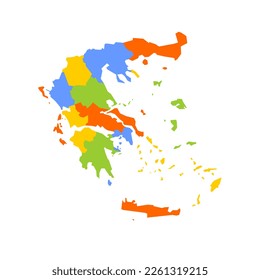 Greece political map of administrative divisions - decentralized administrations and autonomous monastic state of Mount Athos. Blank colorful vector map.