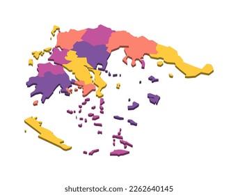 Greece political map of administrative divisions - decentralized administrations and autonomous monastic state of Mount Athos. Isometric 3D blank vector map in four colors scheme.