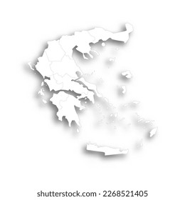 Greece political map of administrative divisions - decentralized administrations and autonomous monastic state of Mount Athos. Flat white blank map with thin black outline and dropped shadow.