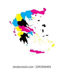 Greece political map of administrative divisions - decentralized administrations and autonomous monastic state of Mount Athos. Blank vector map in CMYK colors.