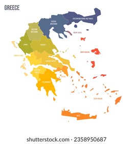 Greece political map of administrative divisions - decentralized administrations and autonomous monastic state of Mount Athos. Colorful spectrum political map with labels and country name.