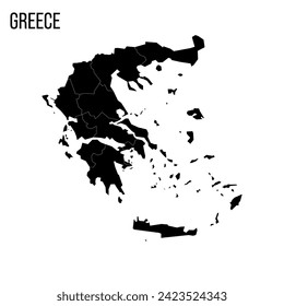 Greece political map of administrative divisions - decentralized administrations and autonomous monastic state of Mount Athos. Blank black map and country name title.