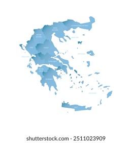 Greece political map of administrative divisions - decentralized administrations and autonomous monastic state of Mount Athos. Shaded vector map with 3D-like blue gradient and name labels