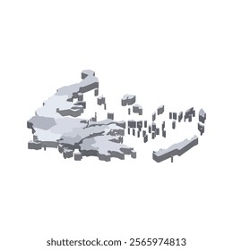 Greece political map of administrative divisions - decentralized administrations and autonomous monastic state of Mount Athos. 3D isometric blank vector map in shades of grey.