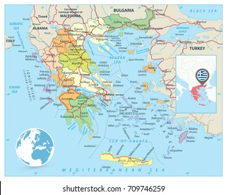 Greece Political Map. Detailed vector map of Greece with roads, highways and roads.