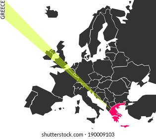 Greece - political map of Europe with marked state. Marker looks like ray of light. (vector illustration)